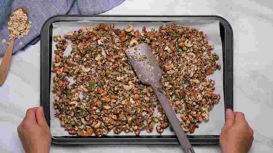 Gluten Free Granola Recipe: 
Transfer the mixture to the prepared baking sheet.