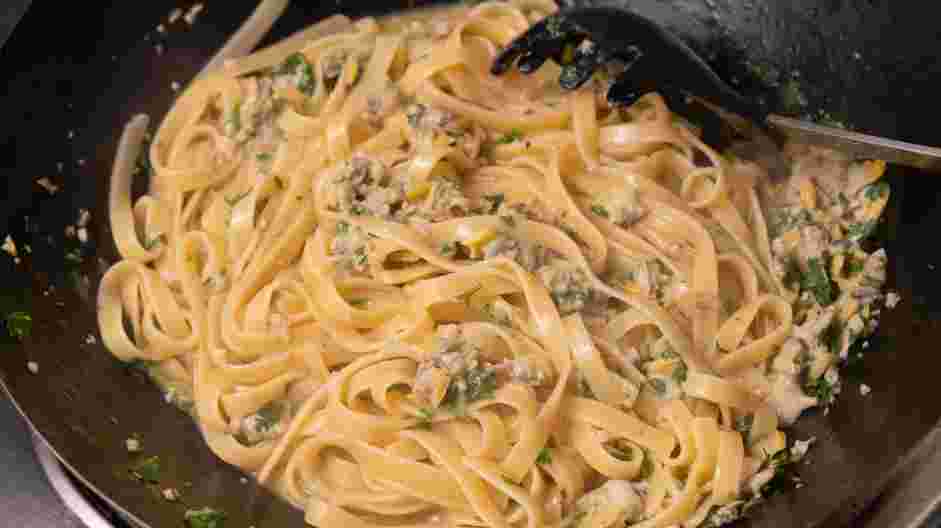 Linguine with Clam Sauce Recipe: Once the clam sauce is heated through, add the pasta, the chopped clams, lemon juice and parsley.