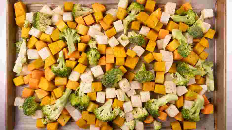 Mediterranean Roast Vegetables Recipe: 
Take the sheet pan out of the oven, add the asparagus (or broccoli) and toss.