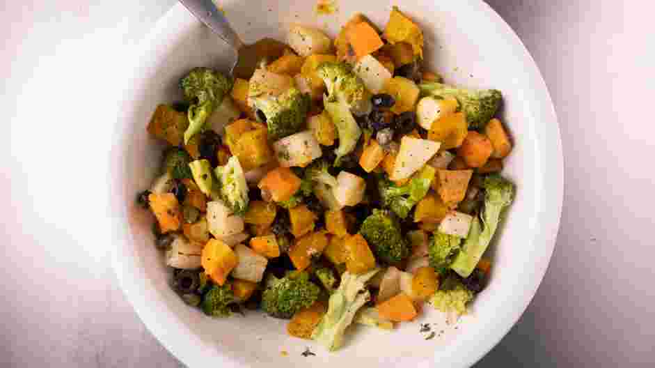 Mediterranean Roast Vegetables Recipe: 
Once the vegetables are cooked, toss with olives, capers and the dressing.