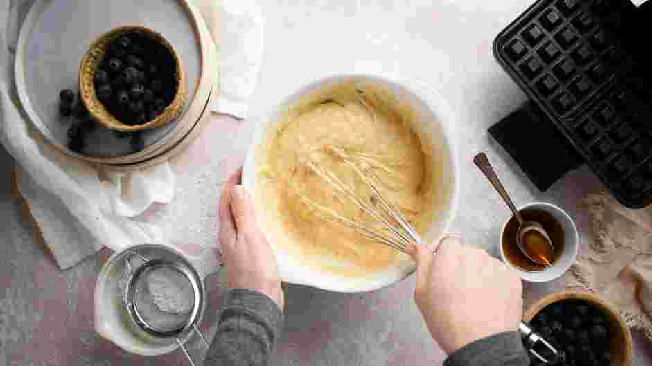 Blueberry Waffle Recipe: 
Add the egg mixture to the flour mixture and fold with a rubber spatula until you see streaks of flour.