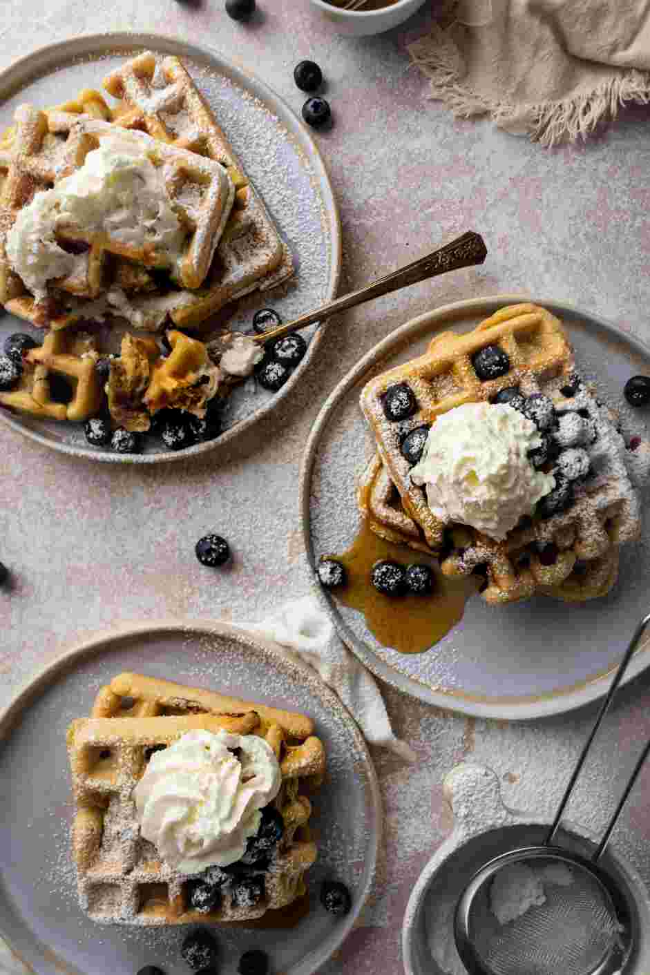 Blueberry Waffle Recipe: 
Top the waffles with powdered sugar, whipped cream and the remaining &frac14; cup of blueberries.