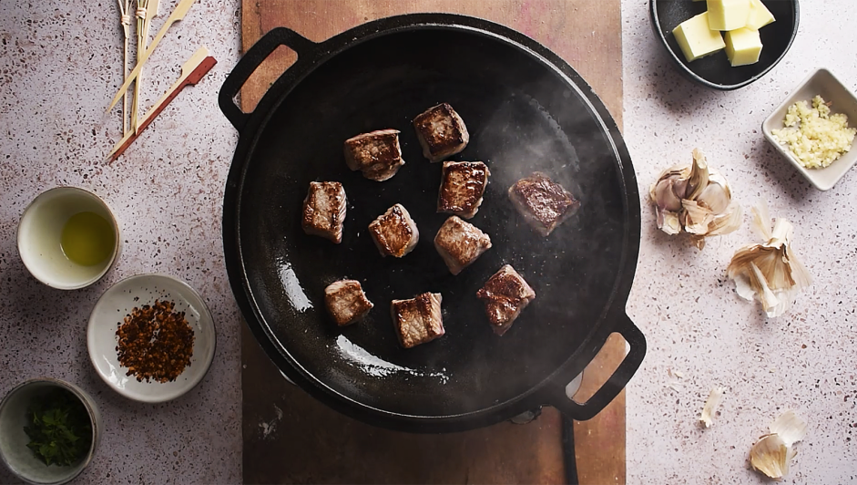 Garlic Butter Steak Bites Recipe: 
Cook until medium-rare, crispy and browned on most sides, about 30 seconds to 1 minute on each side.