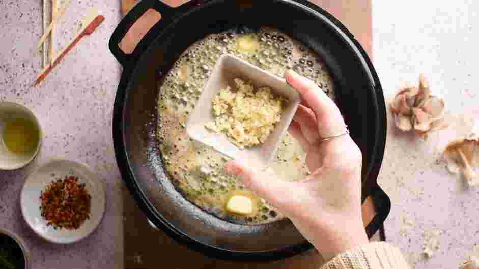 Garlic Butter Steak Bites Recipe: 
Lower the heat to medium-low and add the butter, scraping up the browned bits on the bottom of the pan.