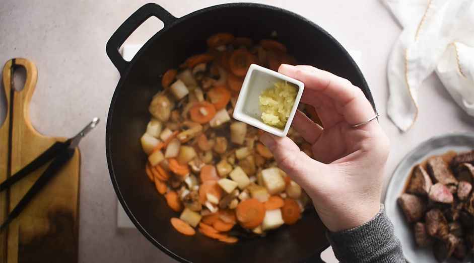 Keto Beef Stew Recipe: Add garlic and cook, stirring constantly, until fragrant, less than 1 minute.