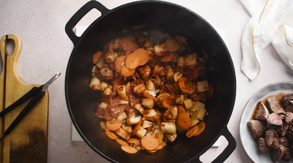 Keto Beef Stew Recipe: Add the tomato paste and cook, stirring constantly, until slightly darker in color, about 1-2 minutes.