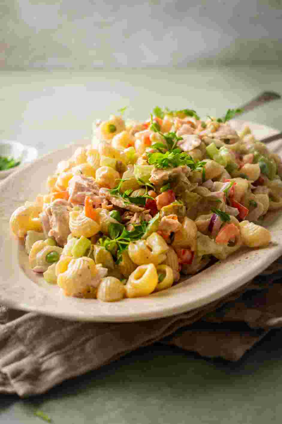 Tuna Pasta Salad Recipe: Garnish with fresh parsley before serving.