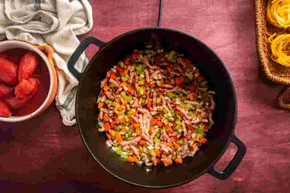 Ragu Alla Bolognese Recipe: 
Add the chopped carrots, celery and onion and cook until softened, about 5 minutes.