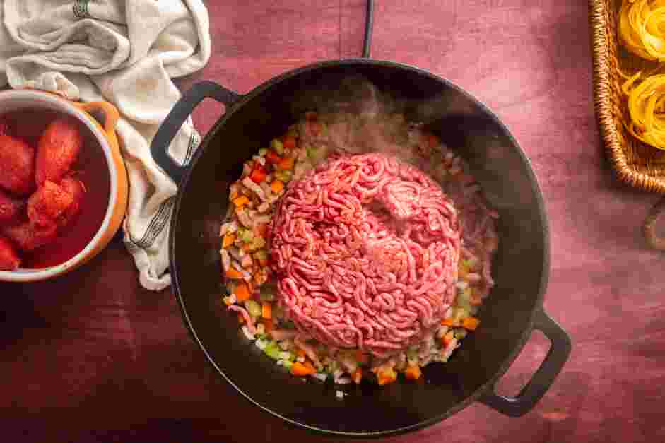 Ragu Alla Bolognese Recipe: Add the ground beef and cook until the meat is browned and no longer pink, about 5 minutes.