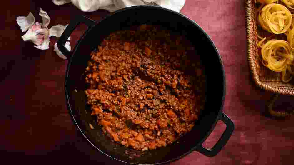 Ragu Alla Bolognese Recipe: 
Lower the heat to medium-low, cover the pot and cook for 1&frac12; hours, stirring occasionally.