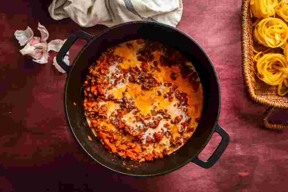 Ragu Alla Bolognese Recipe: 
Stir in the milk and let it cook semi-covered for 30 minutes, stirring occasionally.