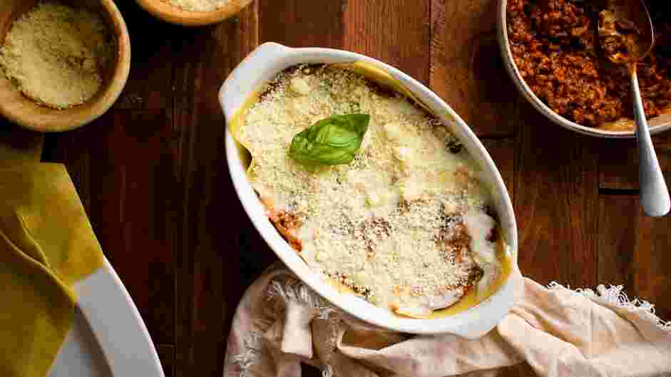 Bechamel Lasagna Recipe:
Add a few fresh basil leaves.