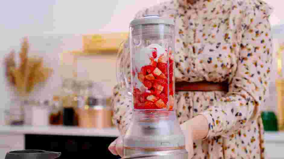 Strawberry Milk Recipe: In the jar of a blender, combine the diced strawberries, lemon juice and sugar.