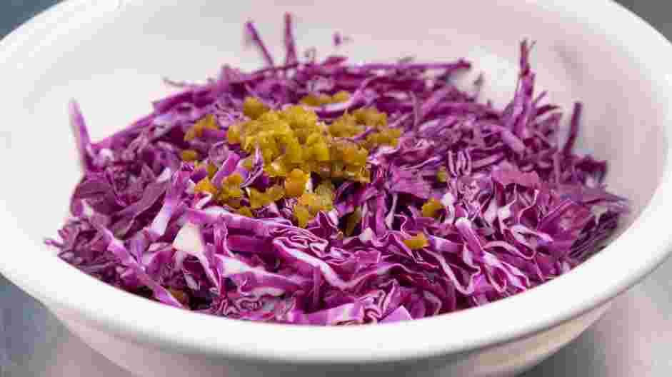 Buttermilk Chicken Sandwich Recipe:
Add the red cabbage and jalapeño and toss until evenly coated.