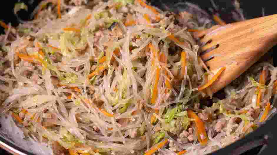 Pork Spring Roll (Por Pia Tod) Recipe:
Add chopped shiitake mushrooms, cabbage and shredded carrots.
