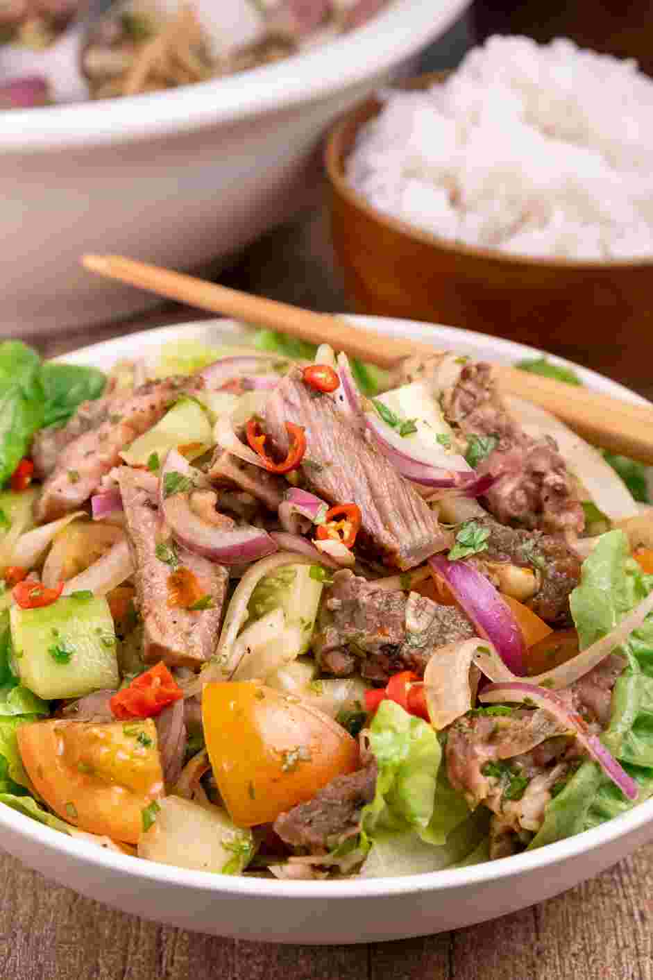 Thai Beef Salad (Yum Nua) Recipe:
Serve as an appetizer or with Thai sticky rice as a meal.