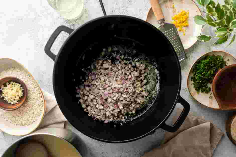 Parmesan Risotto Recipe:
Once the butter melts, add the shallots and cook until softened, about 3-4 minutes.