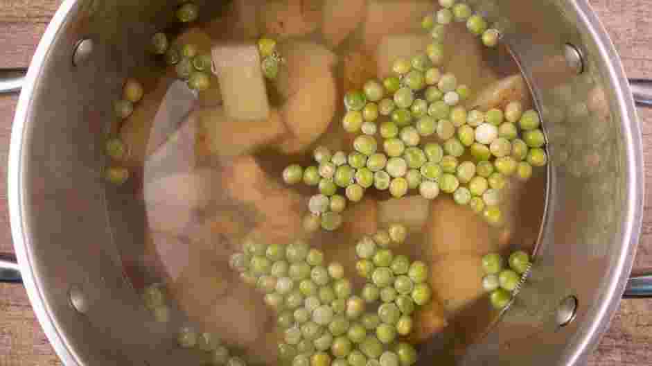 Cauliflower Potato Salad Recipe: 
Add the peas into the pot during the last minute of boiling.