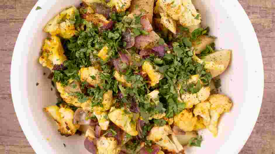 Cauliflower Potato Salad Recipe: 
Add the roasted cauliflower and the cilantro to the potato mixture.