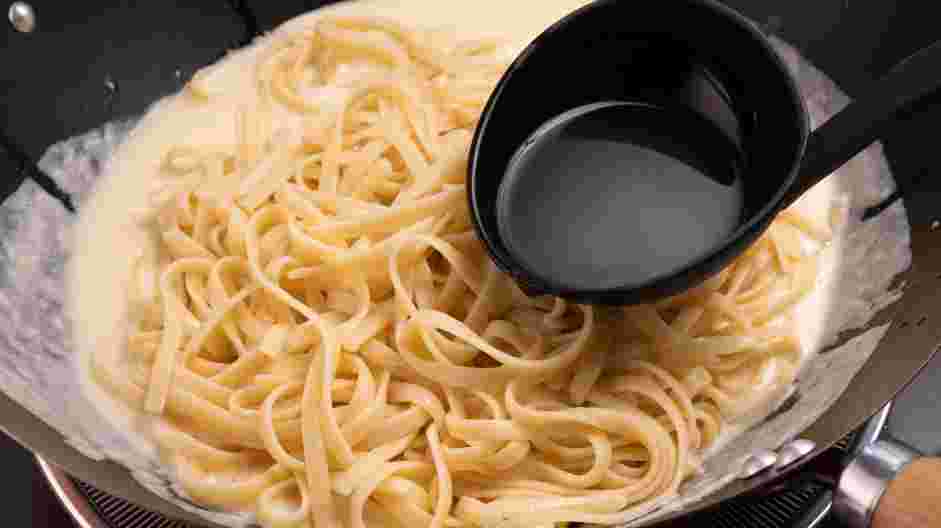 Creamy Shrimp Pasta Recipe:
When the pasta is cooked one to two minutes under the recommended cooking time, add 1/4 cup of pasta water to the heavy cream sauce.
