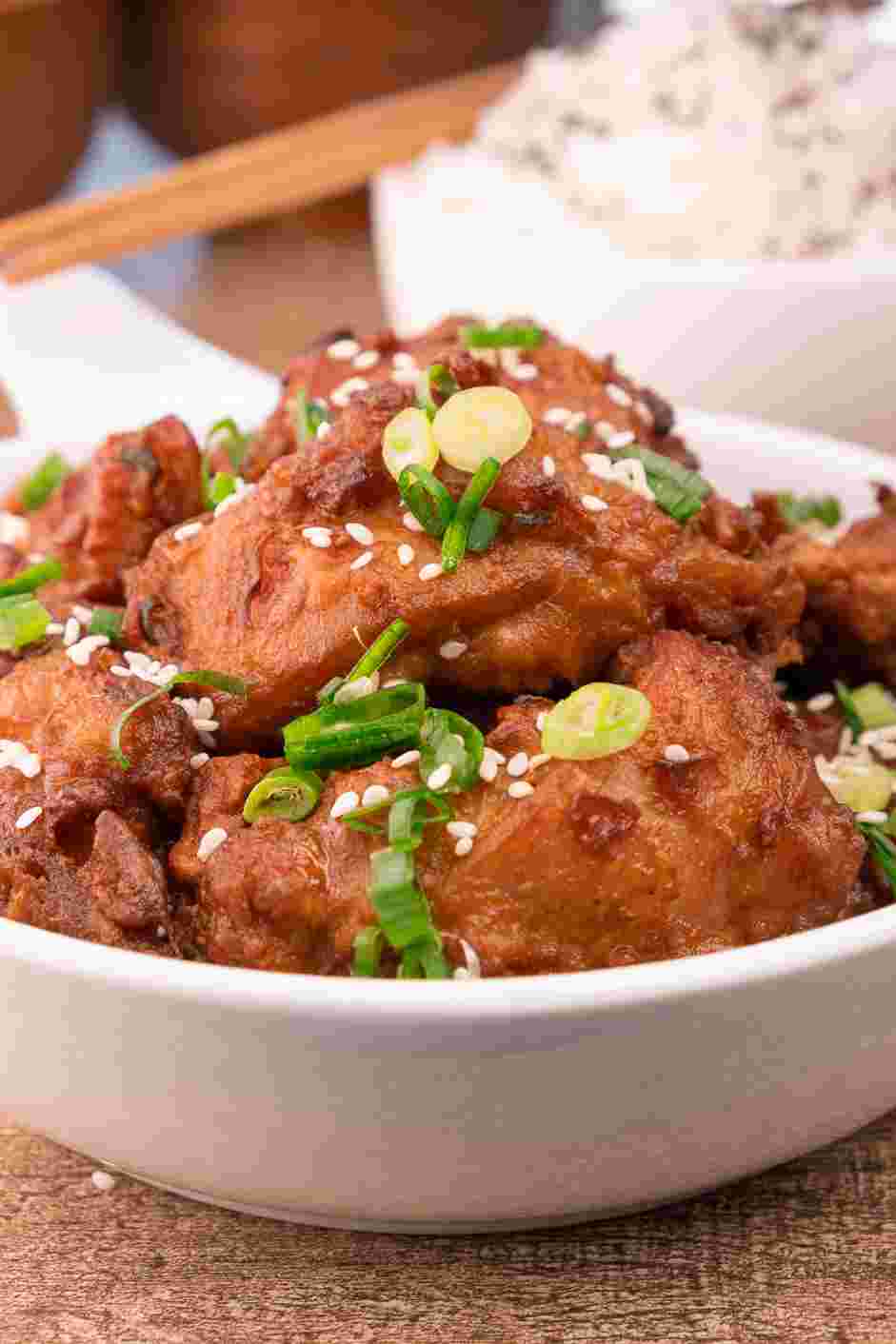 Mochiko Chicken Recipe:
Garnish with finely chopped scallions and sesame seeds.