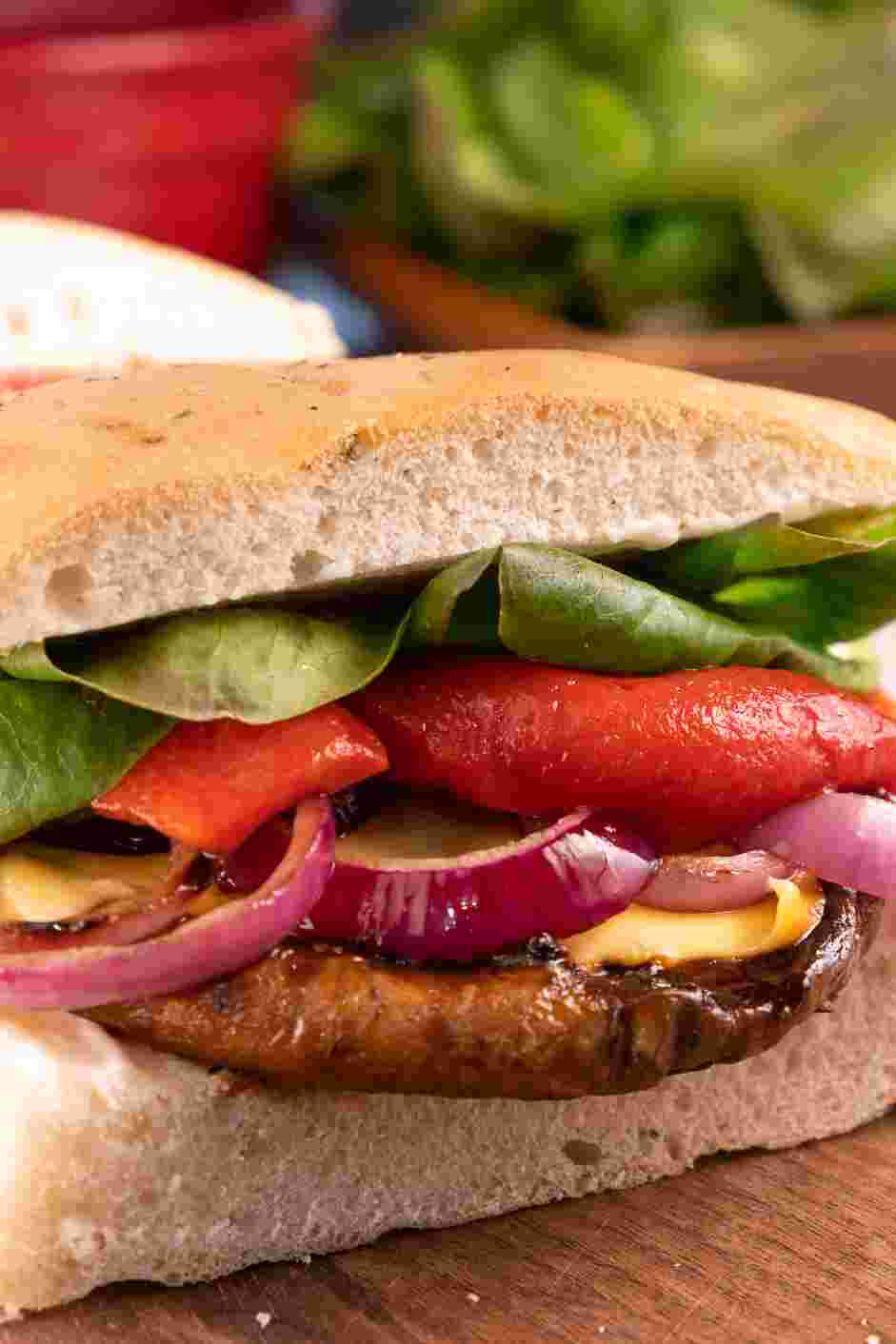 Portobello Mushroom Sandwich Recipe:
Spread more aioli on the top slice of bread and place on top of the sandwich.