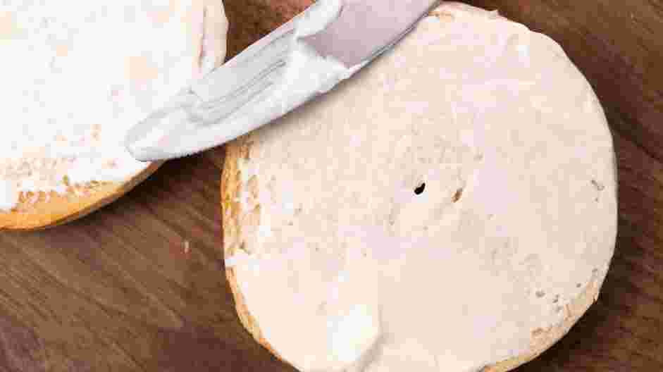 Smoked Salmon Bagel Recipe:
Spread a generous layer of cream cheese or "schmear" the cream cheese over the warm bagel.