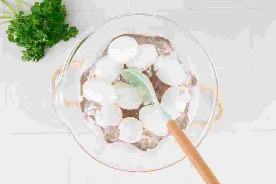 Deviled Egg Chicks Recipe:
Use a slotted spoon or a mesh strainer to remove the eggs from the boiling water to the ice bath.