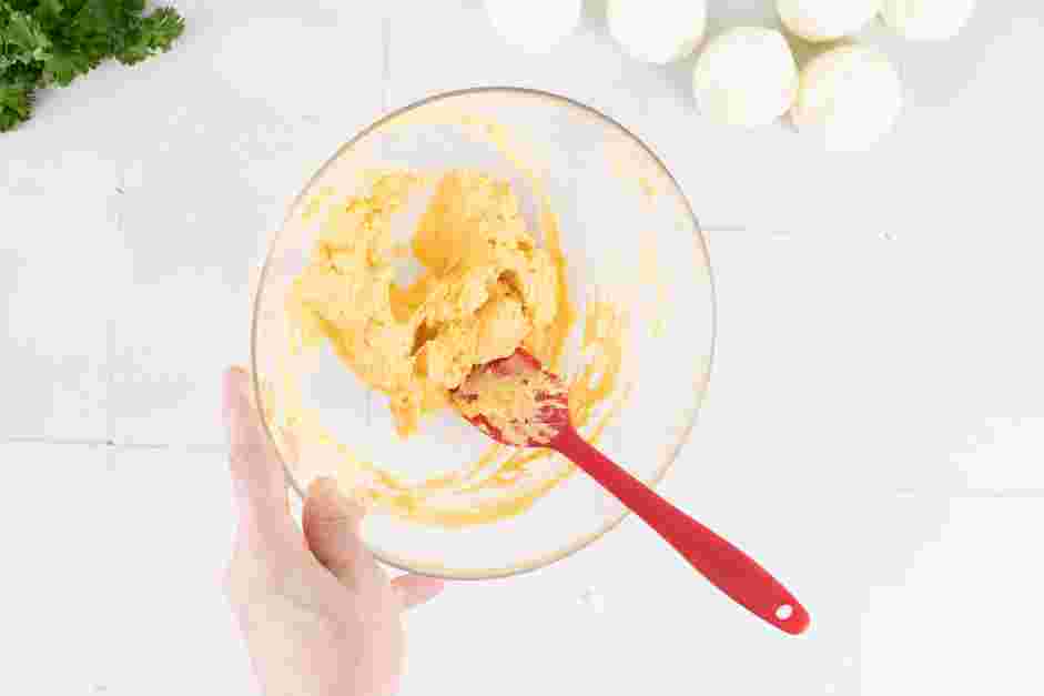 Deviled Egg Chicks Recipe:
In the bowl with the egg yolks, add the mayonnaise, Dijon mustard and champagne vinegar.