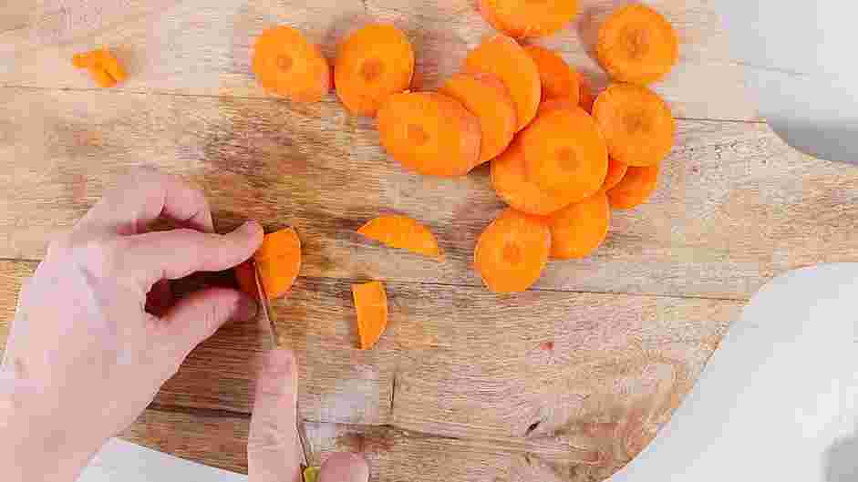 Deviled Egg Chicks Recipe:
Cut sixteen “L” shaped carrots from each round.