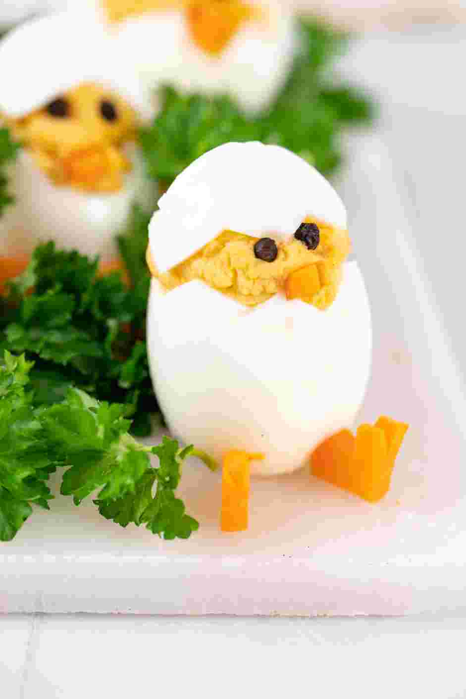 Deviled Egg Chicks Recipe:
Place the completed deviled egg chicks on a platter.