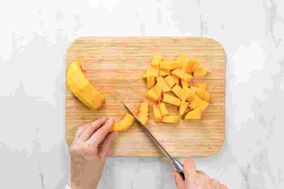 Butternut Squash Tacos Recipe: 
Cut, seed, peel and chop the butternut squash into small &frac12;-inch cubes.