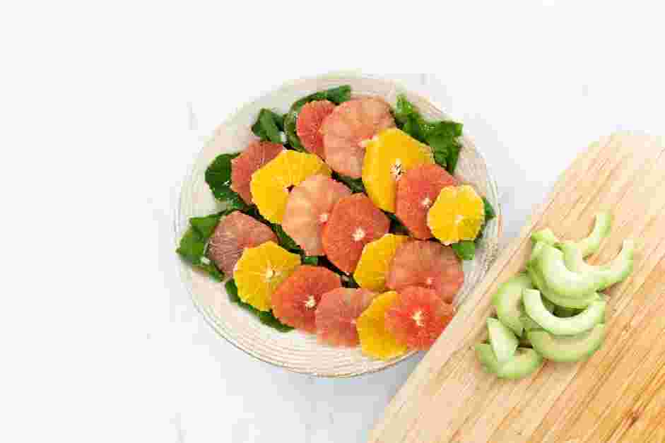 Citrus Salad Recipe:
Place the slices of grapefruit, blood oranges and navel oranges on top of the arugula.