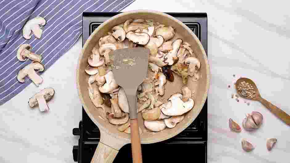 Mushroom Ragout Recipe:
Add the roasted garlic, sliced white button, shiitake and oyster mushrooms.