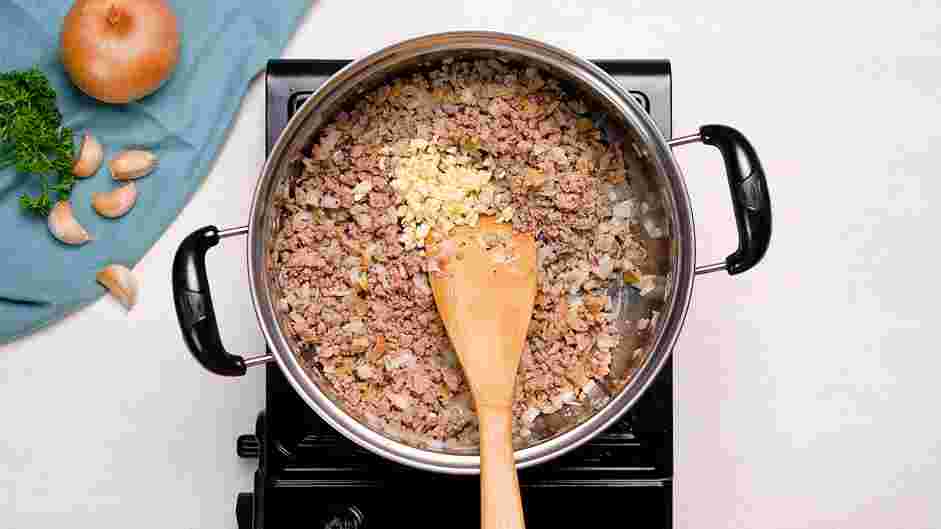 Rigatoni Bolognese Recipe:
Add the garlic and cook stirring constantly until fragrant, about 1 minute.