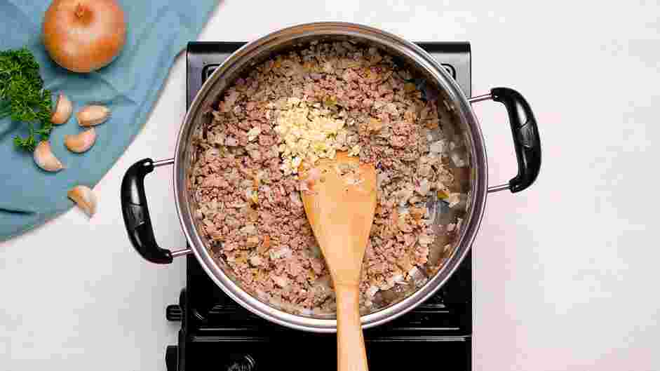 Rigatoni Bolognese Recipe: 
Add the garlic and cook stirring constantly until fragrant, about 1 minute.