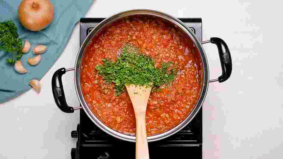 Rigatoni Bolognese Recipe: 
Add the sugar, Italian seasoning, salt, black pepper, red pepper flakes and parsley.