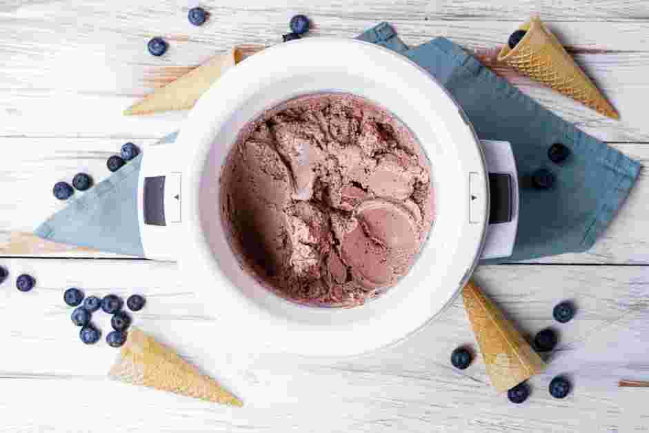 Blueberry Ice Cream Recipe: When ready, churn in your ice cream maker according to the manufacturer&rsquo;s instructions.