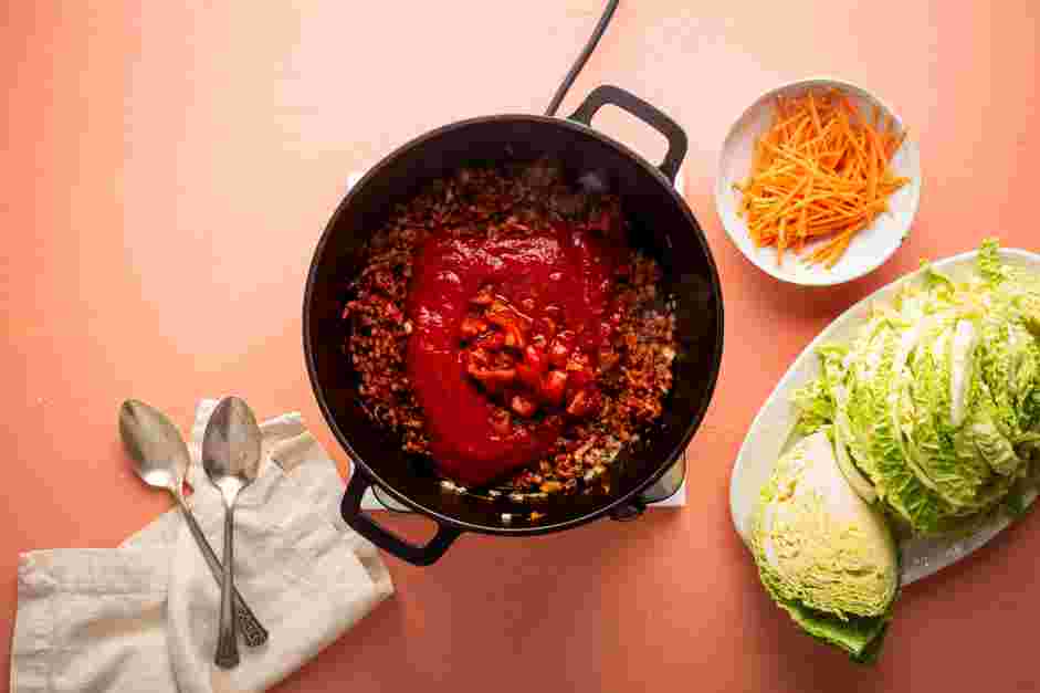 Stuffed Cabbage Soup Recipe: 
Stir in the crushed and diced tomatoes, scraping up any browned bits on the bottom of the pot.