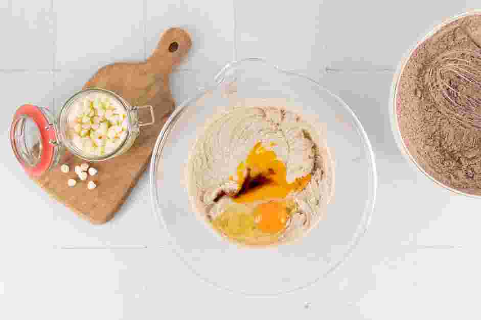 White Chocolate Chip Cookies Recipe:
Beat in the egg, egg yolk and vanilla until combined.