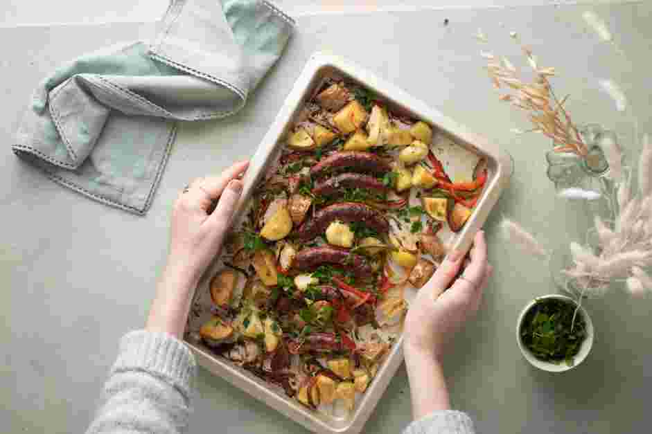 Sheet Pan Sausage and Veggies Recipe:
Roast the vegetables and sausage for another 12 minutes or until the vegetables begin to turn golden brown.