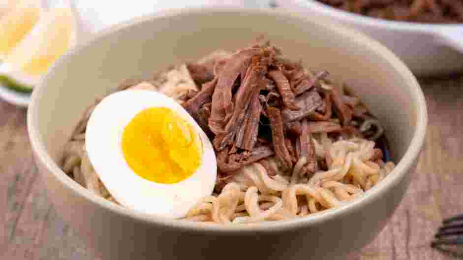 Birria Ramen Recipe: 
Place about a &frac14; cup of birria into each bowl.