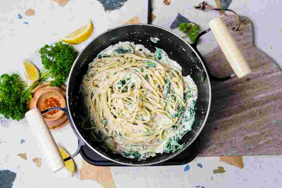 Lemon Ricotta Pasta Recipe:
Add the reserved lemon ricotta sauce, finely chopped parsley and about a ¼ cup of the reserved cooking water.