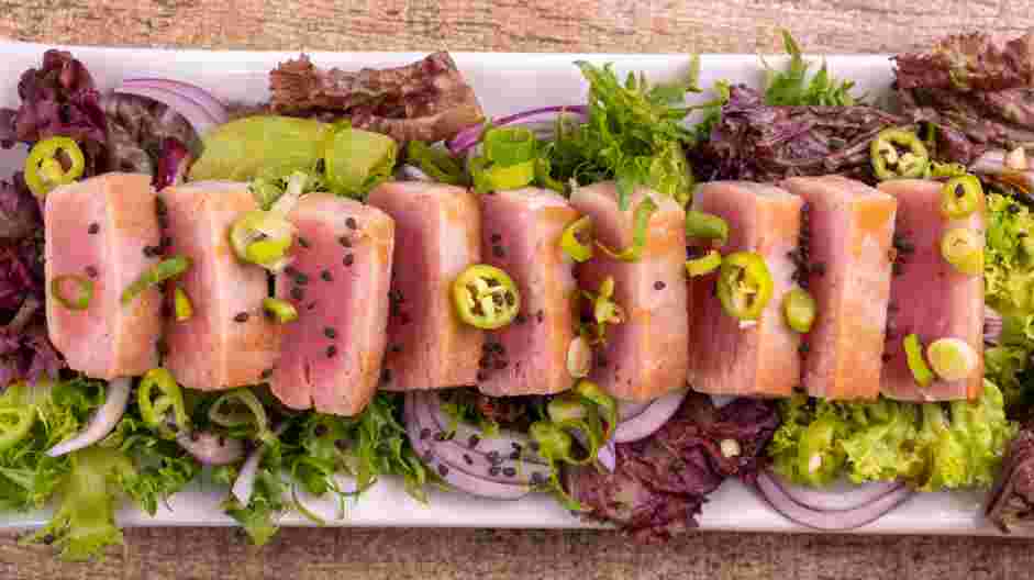 Tuna Tataki Recipe:
Top with the finely sliced scallion or microgreens.