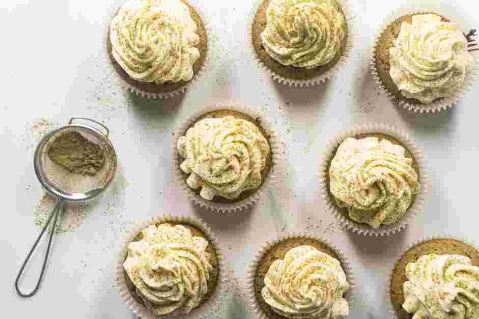 Matcha Cupcakes Recipe:
Transfer the almond buttercream to a piping bag fitted with your favorite tip and pipe a swirl on top of the cupcakes.