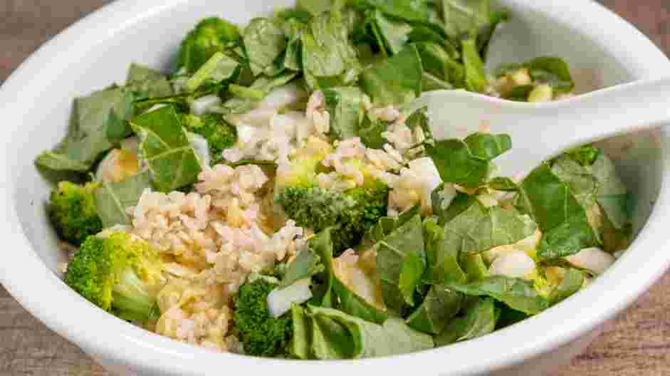 Broccoli and Cheese Rice Casserole Recipe: In a large mixing bowl, combine the cooked rice, broccoli, cheese sauce, chopped onion and chopped kale.