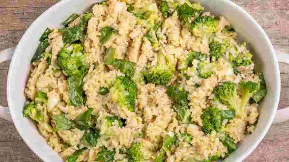 Broccoli and Cheese Rice Casserole Recipe: Transfer the mixture into a 10x15-inch baking dish and bake at 350&deg;F for about 15-20 minutes, until hot.