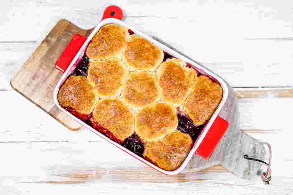 Cherry Cobbler Recipe: Bake for 30 minutes until the cherry filling is hot and bubbly and the topping is golden brown.