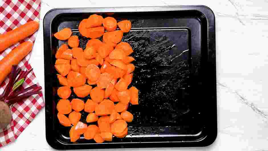 Roasted Beets and Carrots Recipe: 
Place the chopped carrots on a baking sheet and toss with the oil, salt and pepper.