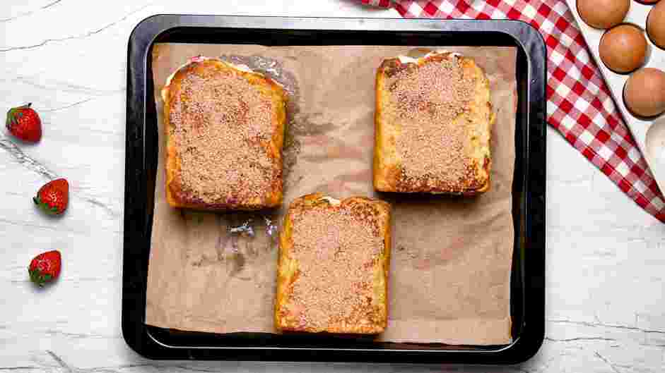 Stuffed French Toast Recipe: 
Bake the pan-fried French toast in the preheated oven for about 5-7 minutes for the custard to set.